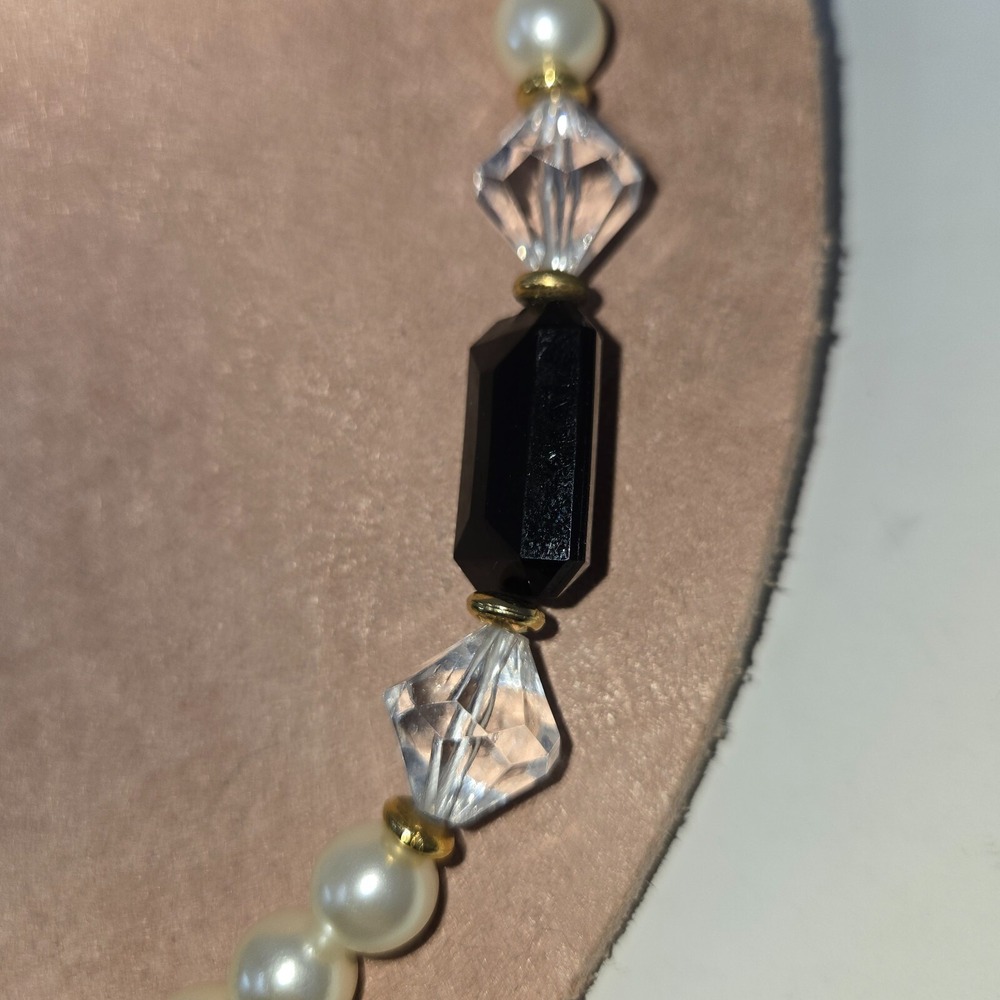 Faux Pearl Black Onyx Beaded Choker Necklace 18" Vintage Fashion Costume Jewelry - Picture 9 of 10